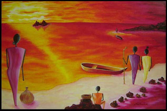 peinture à l`huile  variation de rouge, tendance africaine couché de soleil sur la mer